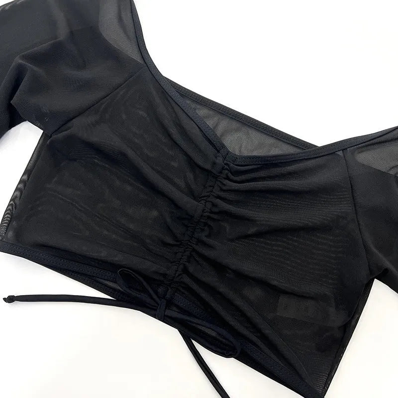 Black mesh long-sleeve women's bikini swimsuit set for swimming sports