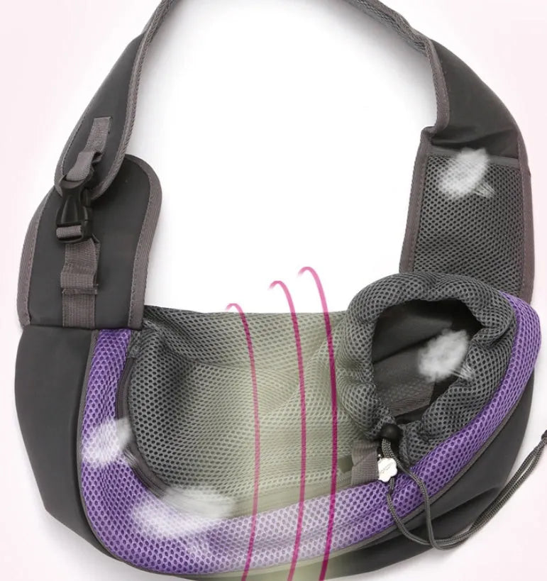 Blue pet backpack carrier for a small dog, showing backpack straps and mesh panel.