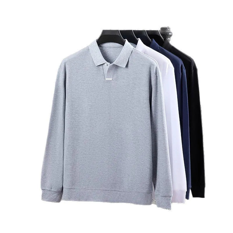 Men's loose fit cotton polo shirt in grey with asymmetrical detail and long sleeves.