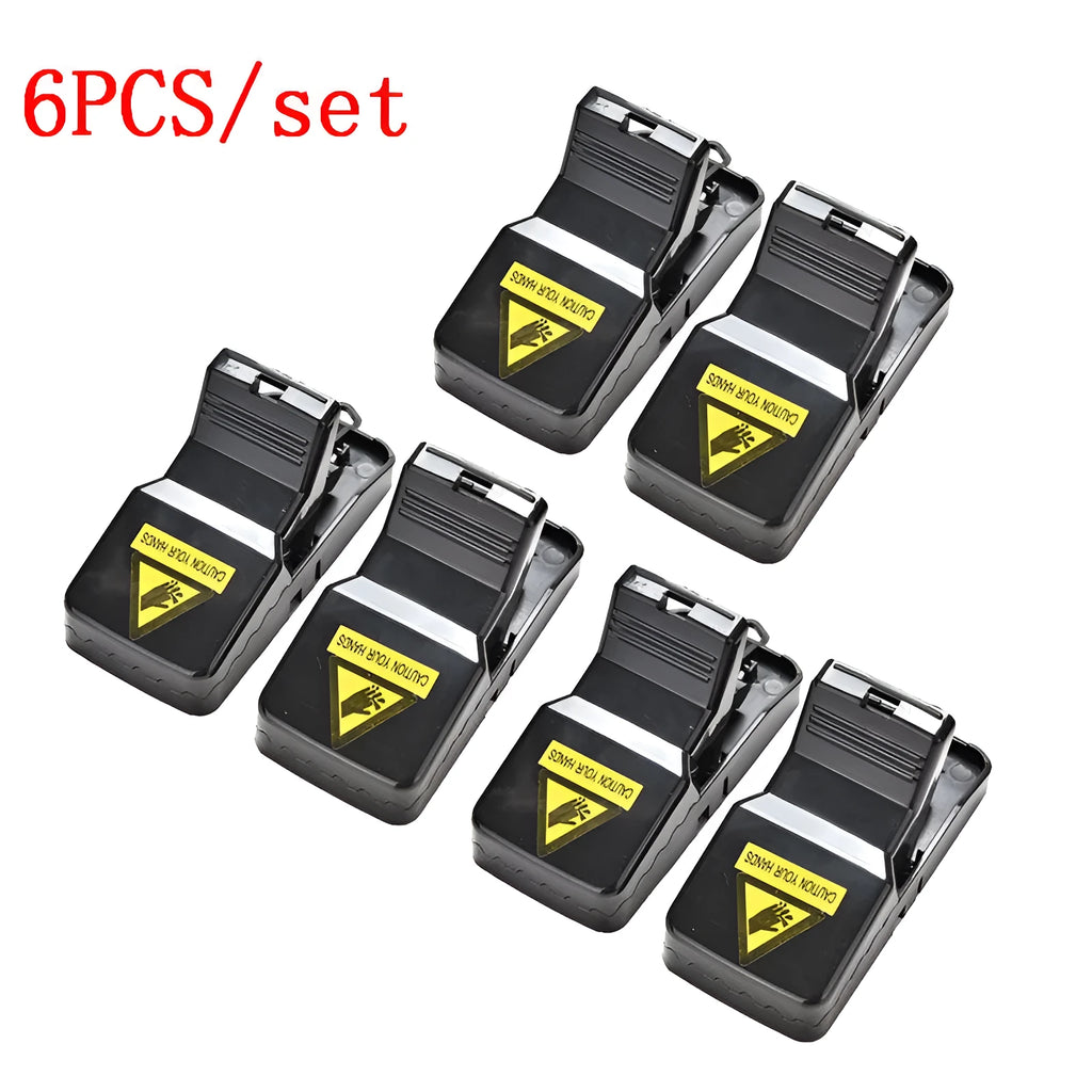 Six black plastic snap mousetraps showing dimensions and smooth surface.