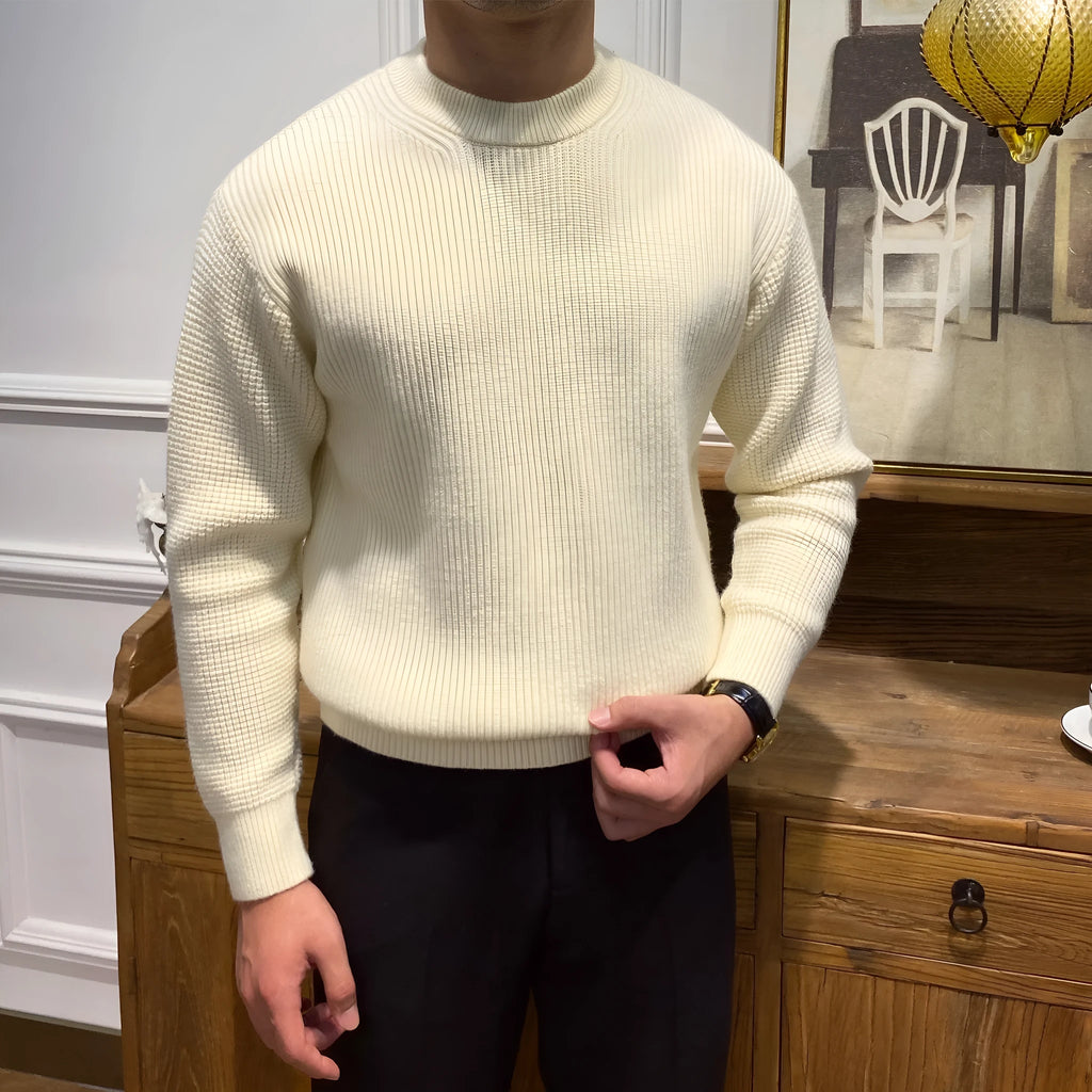 Men's warm knit sweater autumn winter round neck pullover apricot colour ribbed hem