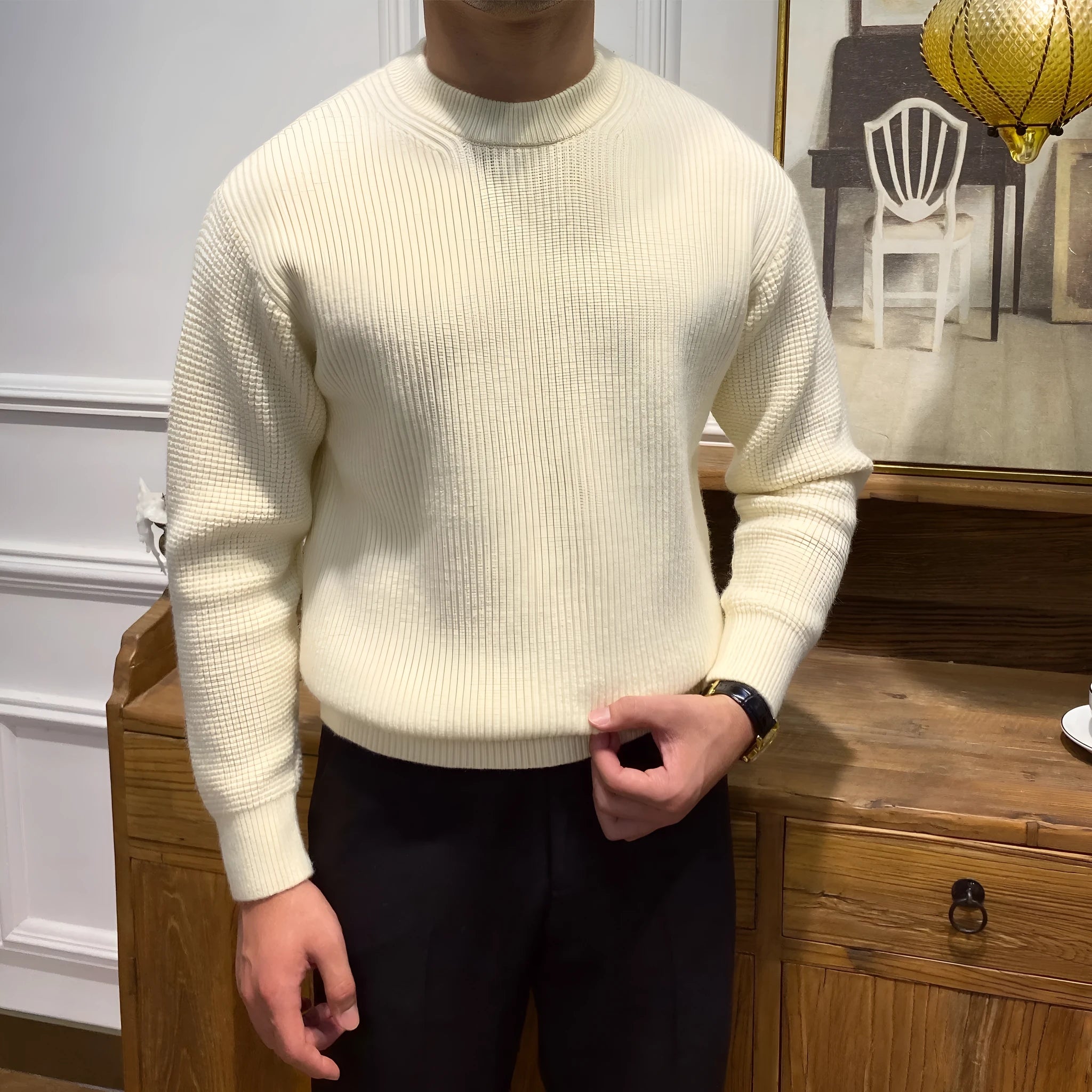 Men's warm knit sweater autumn winter round neck pullover apricot colour ribbed hem