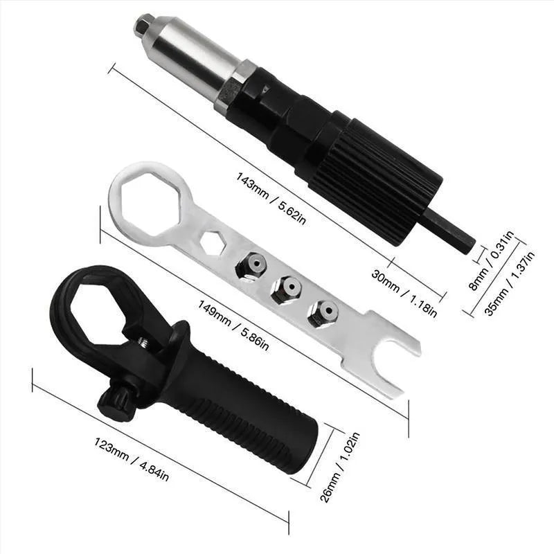 Alloy steel rivet gun adapter kit for electric drills with four rivet heads