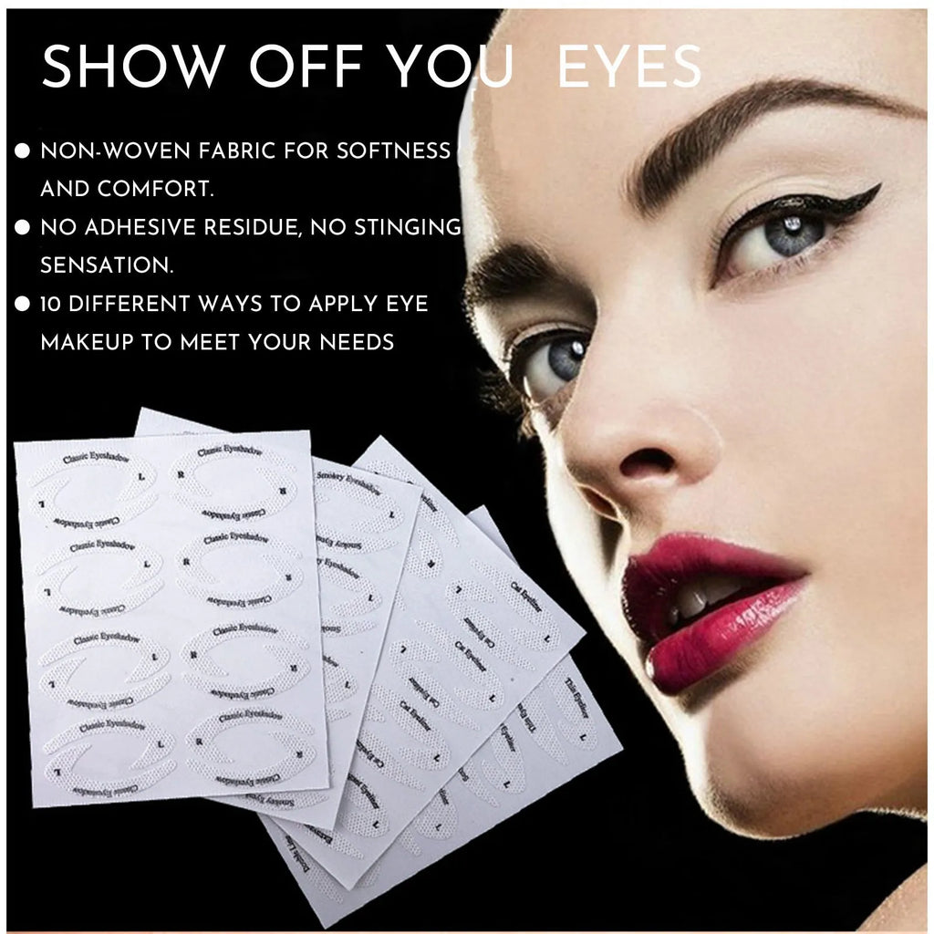 Set of four reusable flexible eyeliner and eyeshadow makeup sticker templates on a pink background