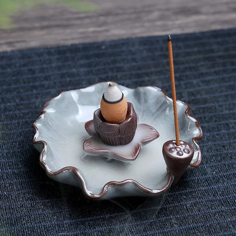 Ceramic reverse flow incense burner with Chinese purple clay crafts design and square base