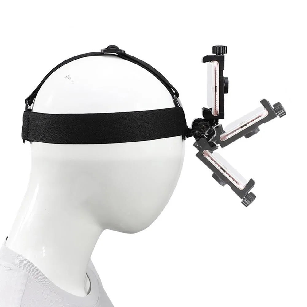 Head-mounted phone holder with screws showing adjustable angle and stretch nylon strap on a black background