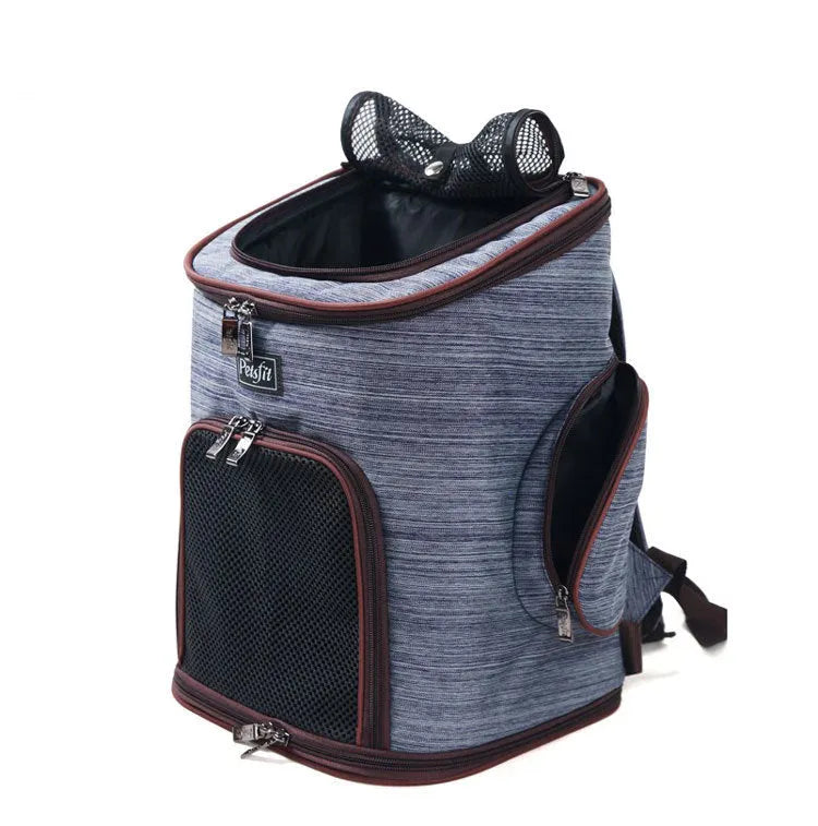 Blue pet dog backpack made of Oxford cloth and hexagonal mesh for carrying cats and dogs up to 15 jin