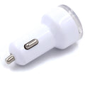 Black and white two-port car charger for a 12V vehicle socket, used for charging phones in the car
