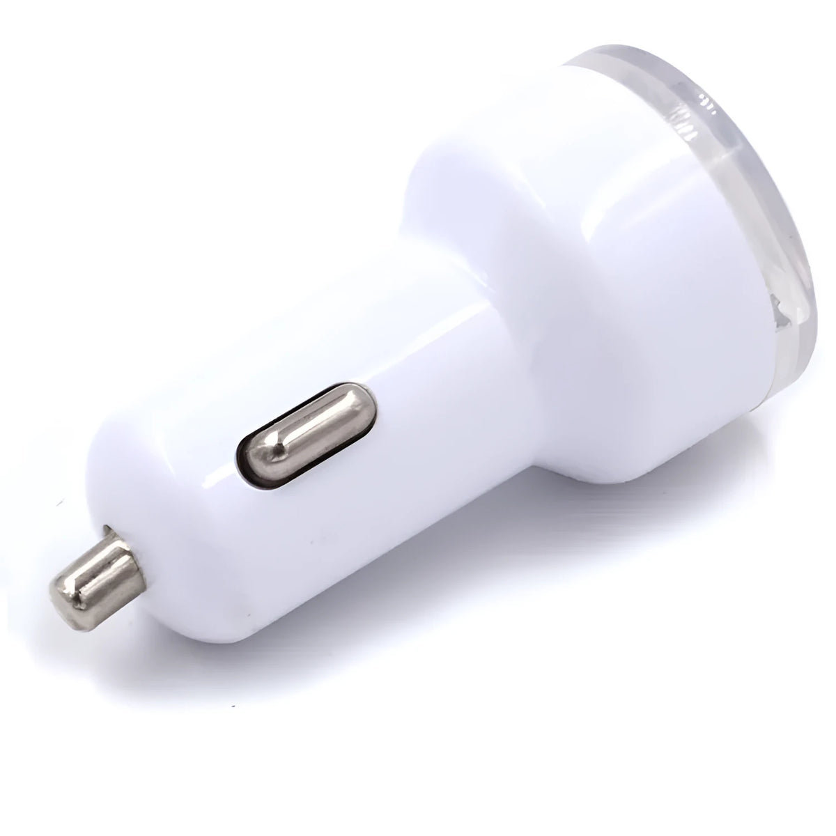 Black and white two-port car charger for a 12V vehicle socket, used for charging phones in the car