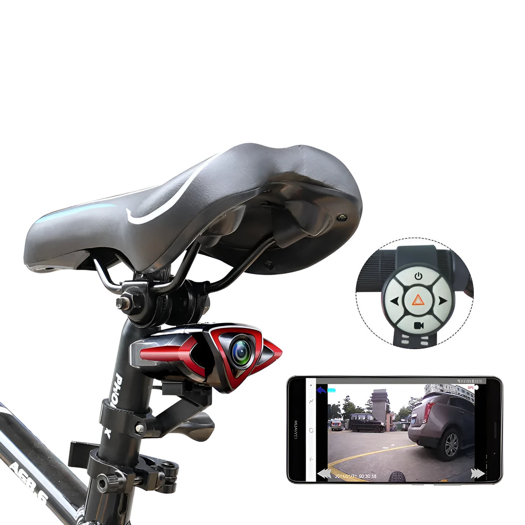Grey bicycle driving recorder with 800W pixel lens and ABS body, compact size 8.5x8.5x4.2cm