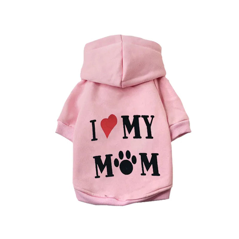Fleece dog sweater with hood for small puppies, available in black, camouflage, grey, grey A, and pink, sizes XS to L.