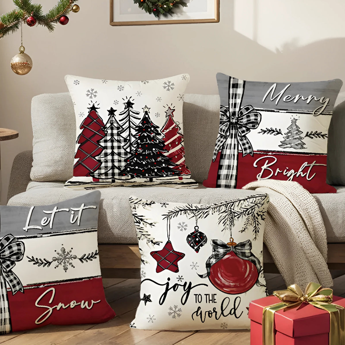Christmas cushion cover 45x45cm printed pillowcase in four colours for festive home decor