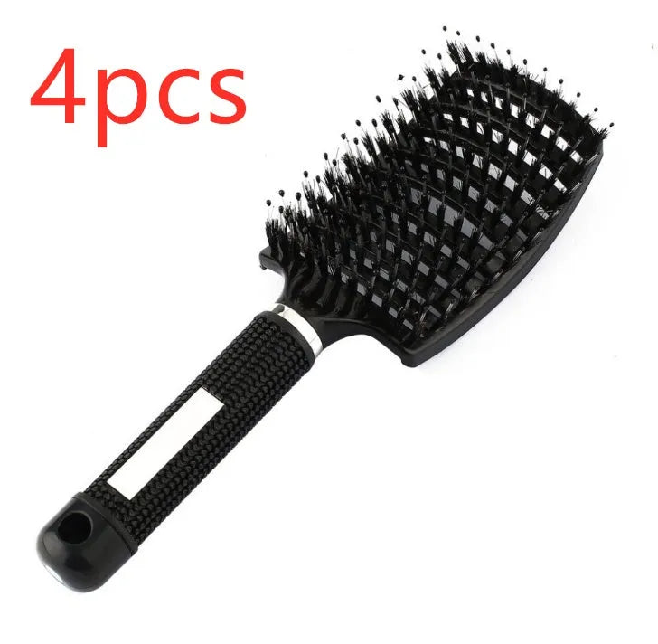 Black bristle and nylon hairbrush with arched comb head and non-slip rubber handle on white background