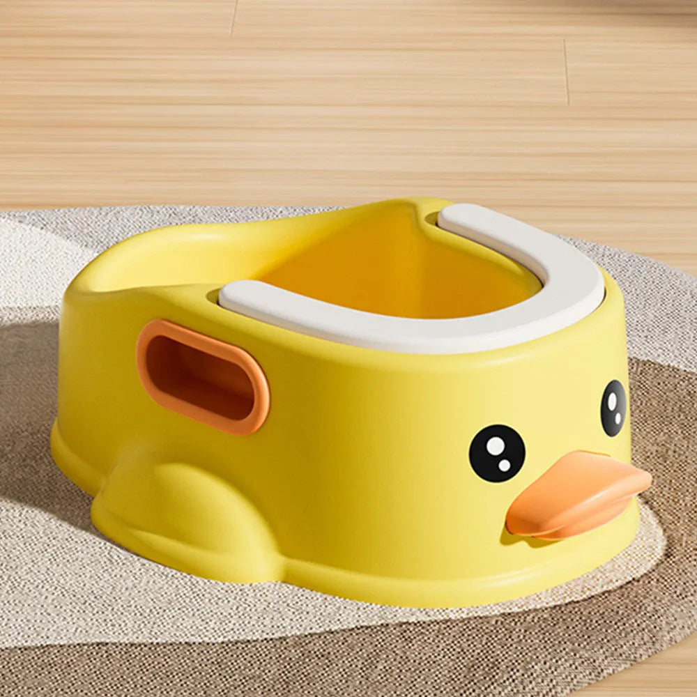 Blue PVC duck-shaped bathtub for washing small dogs and cats on a bathroom floor.
