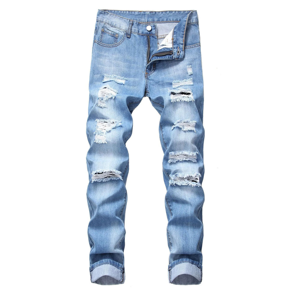 Men's ripped straight denim trousers in dark blue mid-waist straight-leg cotton blend casual jeans
