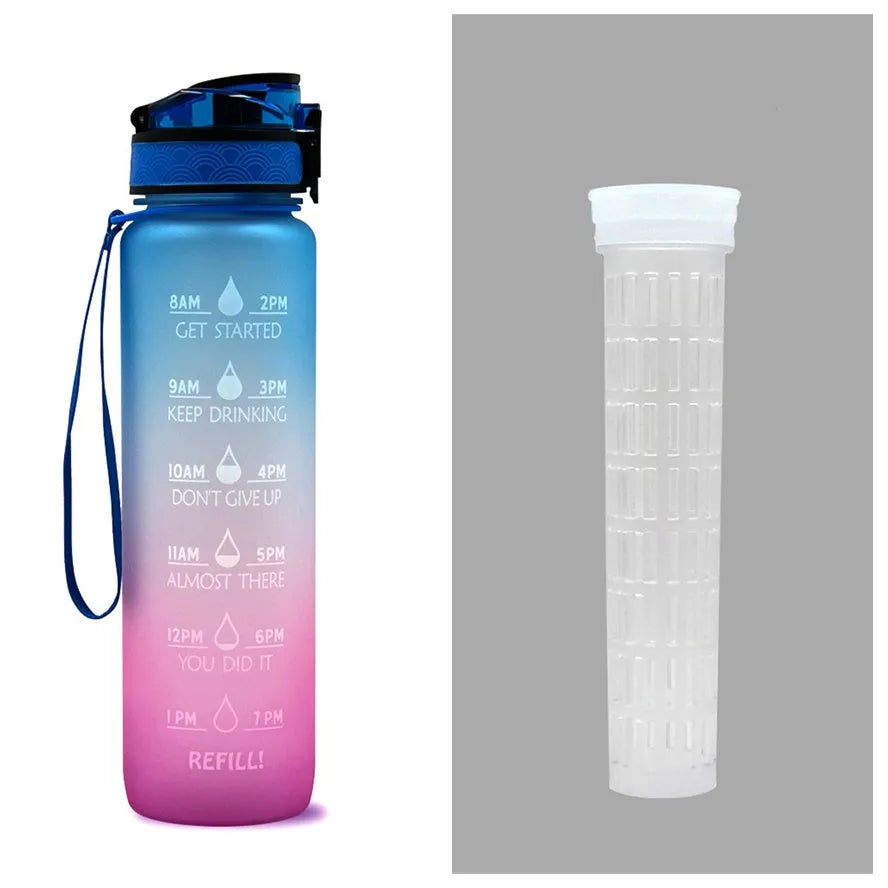 1L Tritan sports water bottle with time markers and flip-top lid in blue-red gradient colour