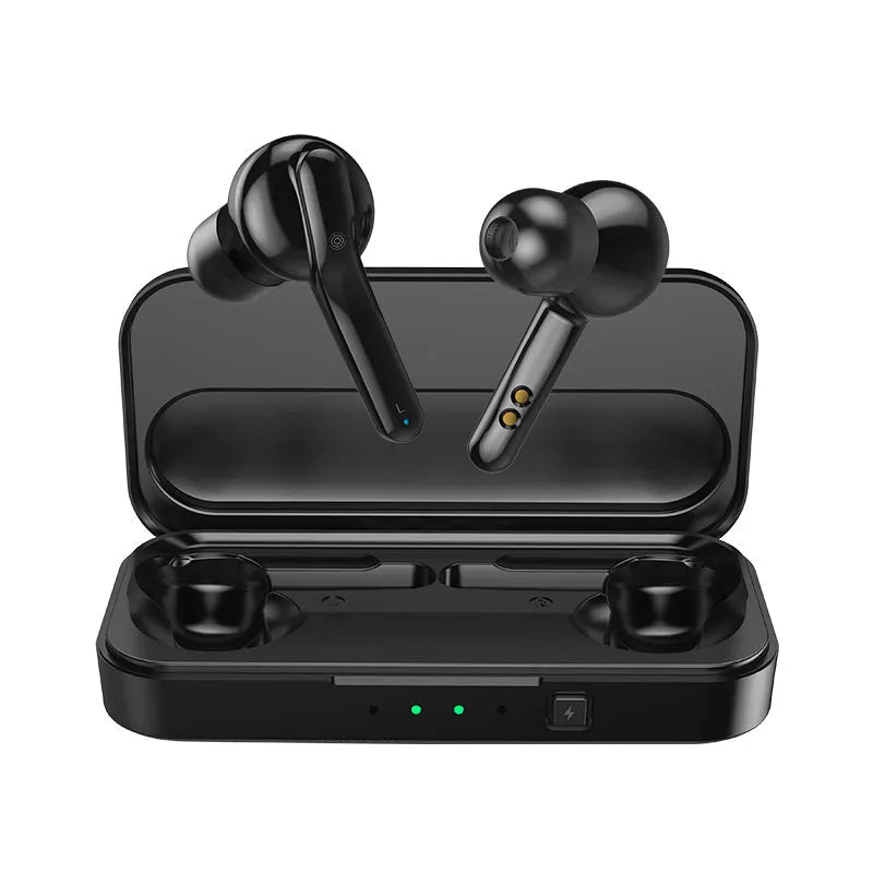 Black and white true wireless Bluetooth earbuds with in-ear design.