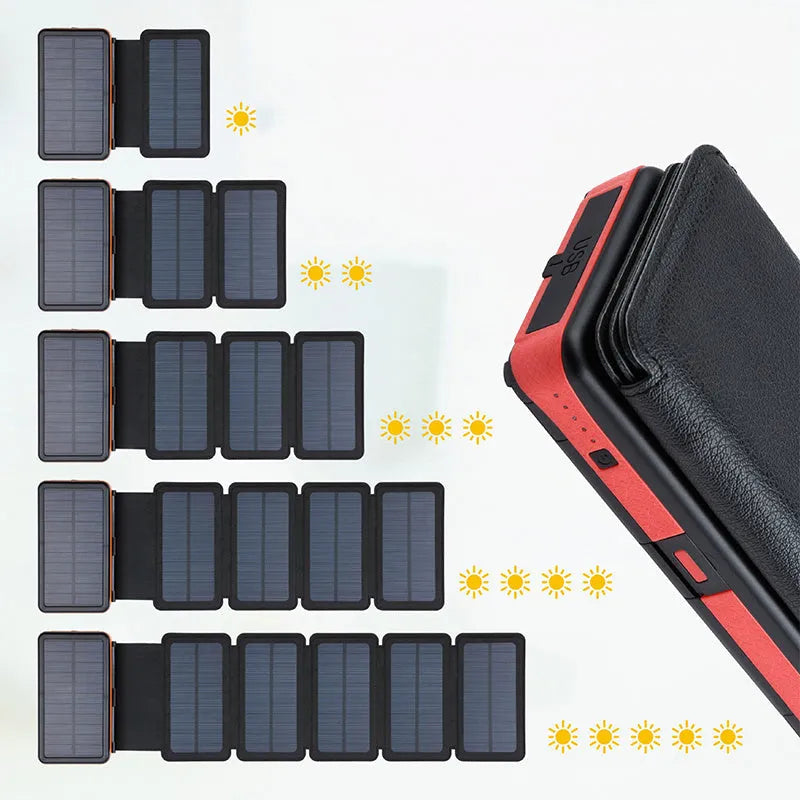 20000mAh magnetic solar power bank in black with IPX5 waterproof rating, showing solar panel and LED light