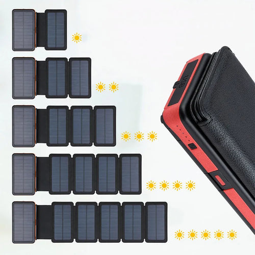 20000mAh magnetic solar power bank in black with IPX5 waterproof rating, showing solar panel and LED light