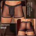 A pair of men's ultra-thin black boxer briefs made from breathable nylon fabric.
