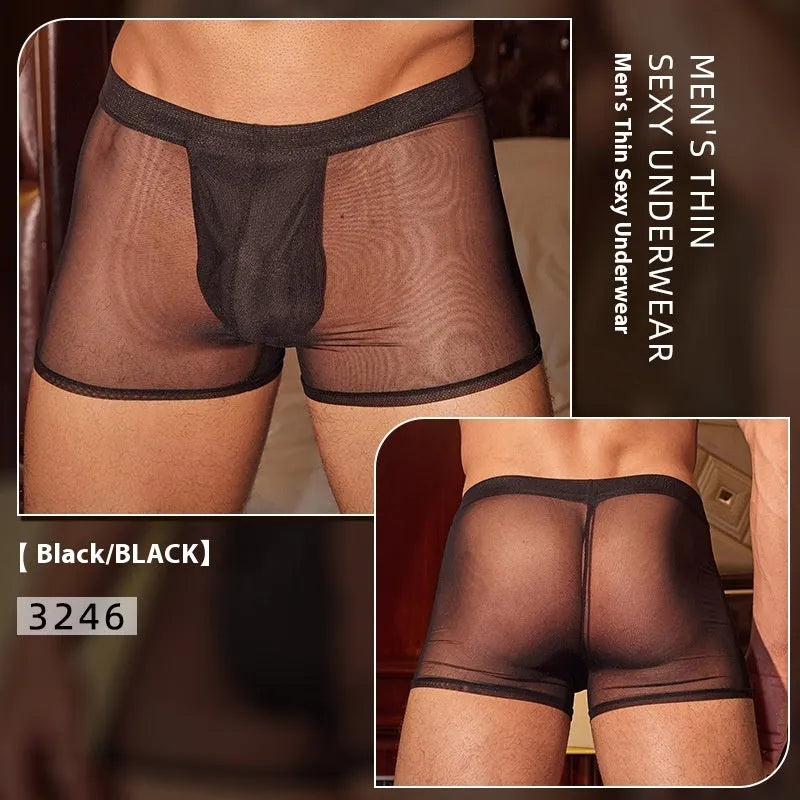 A pair of men's ultra-thin black boxer briefs made from breathable nylon fabric.