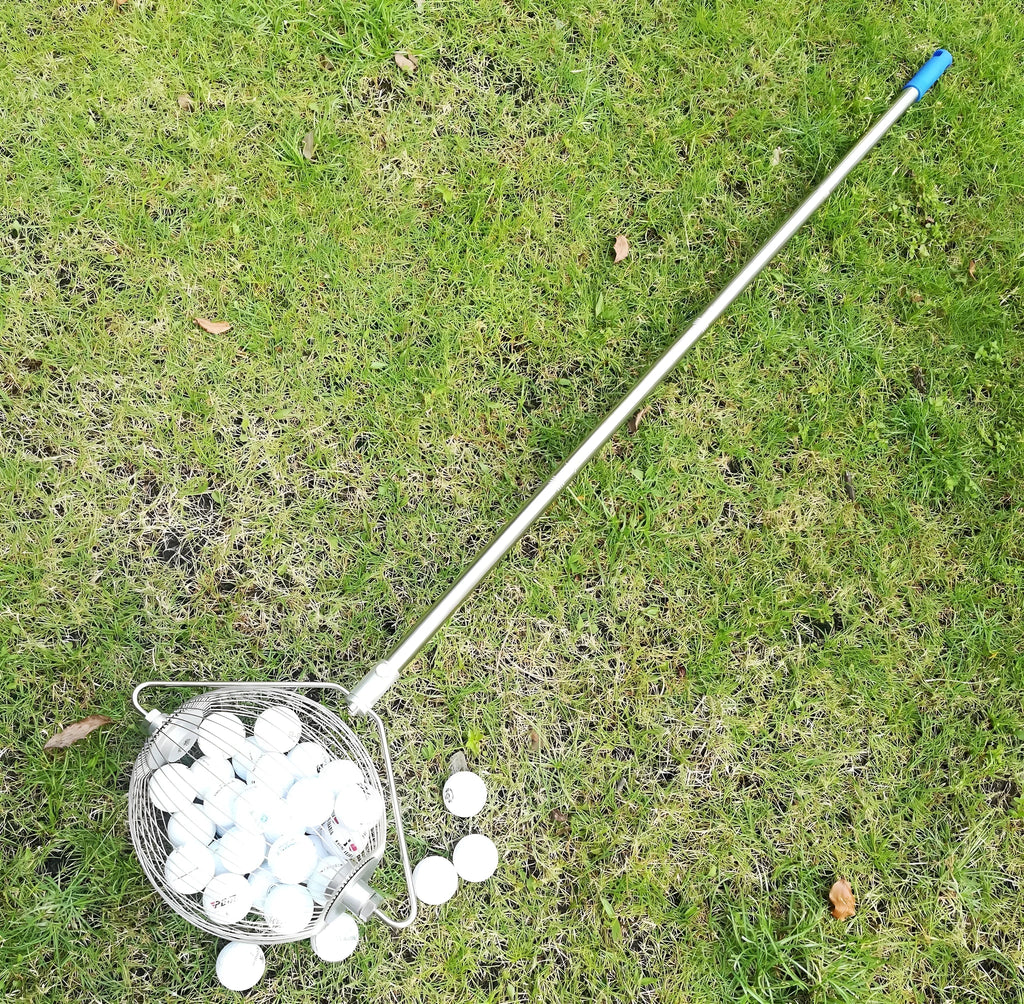 Metallic silver stainless steel golf ball picker with 40cm shaft and 9cm collection head