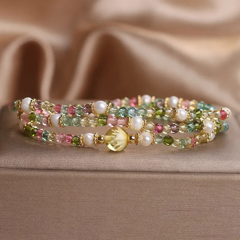 Natural grain of rice tourmaline multi-layer crystal bracelet with three circles of small beads for women