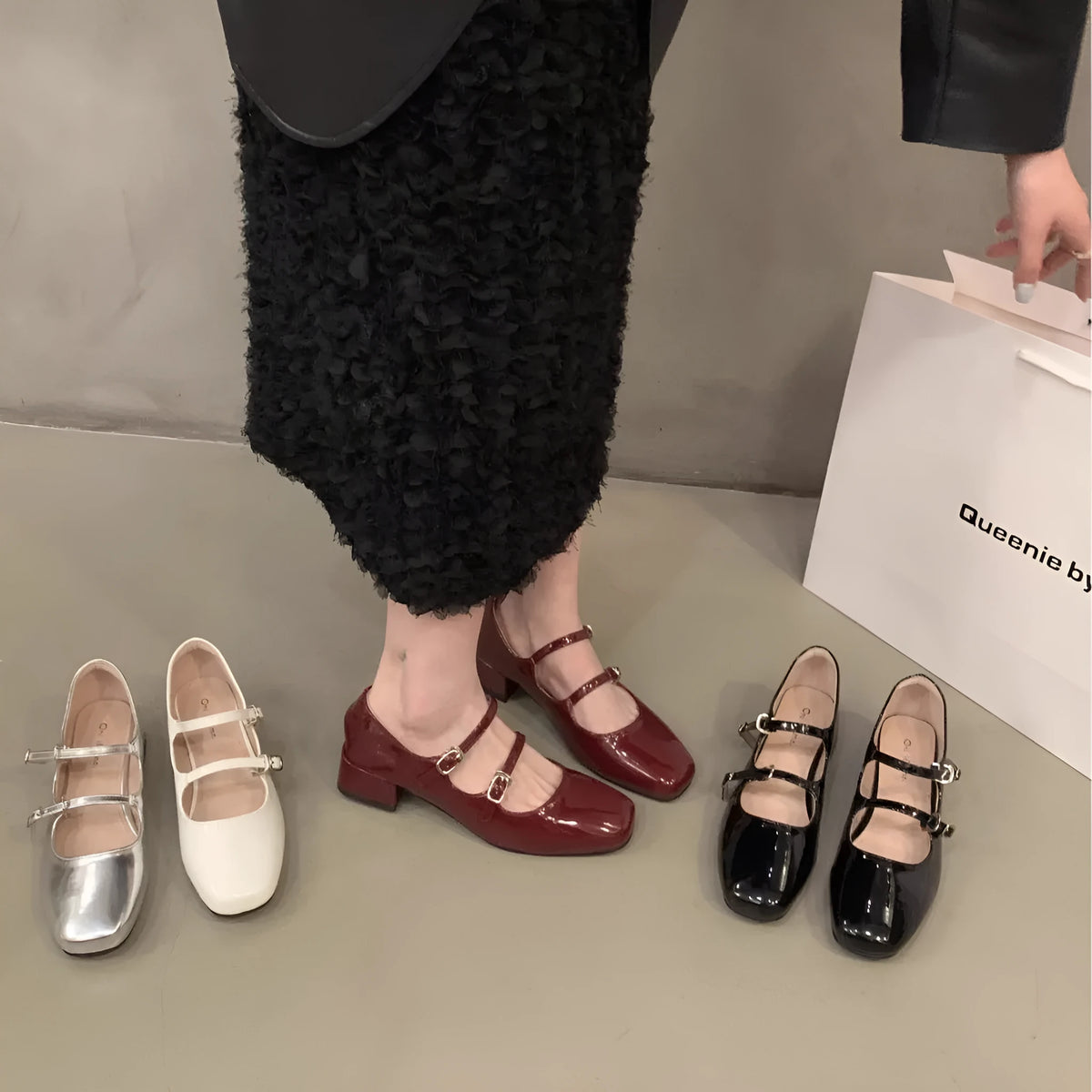 Chunky heel red Mary Jane shoes for women low top square toe PU upper rubber sole solid colour