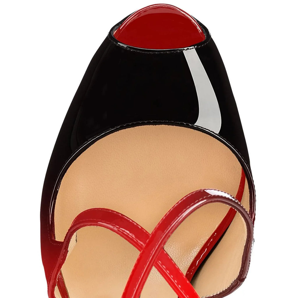 Women's black and red peep toe high heel shoes with a matching cross ankle strap and super high heel.