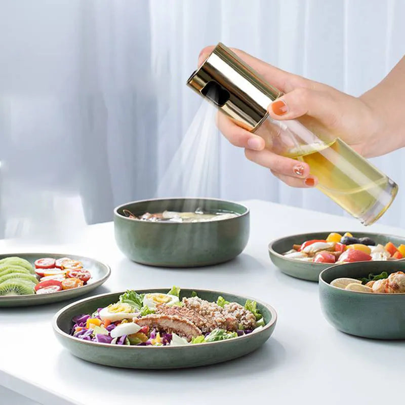 ABS and glass oil spray bottle with pump mechanism in gold, rose gold or silver colour