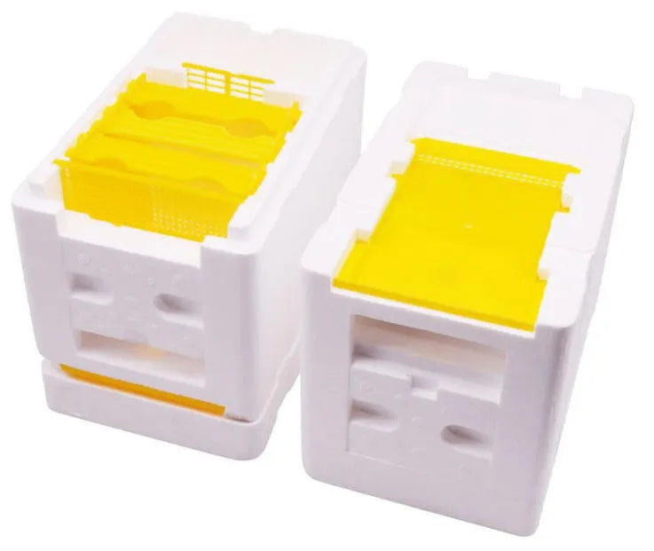 Set of three white EPS foam bee breeding boxes for hive management.