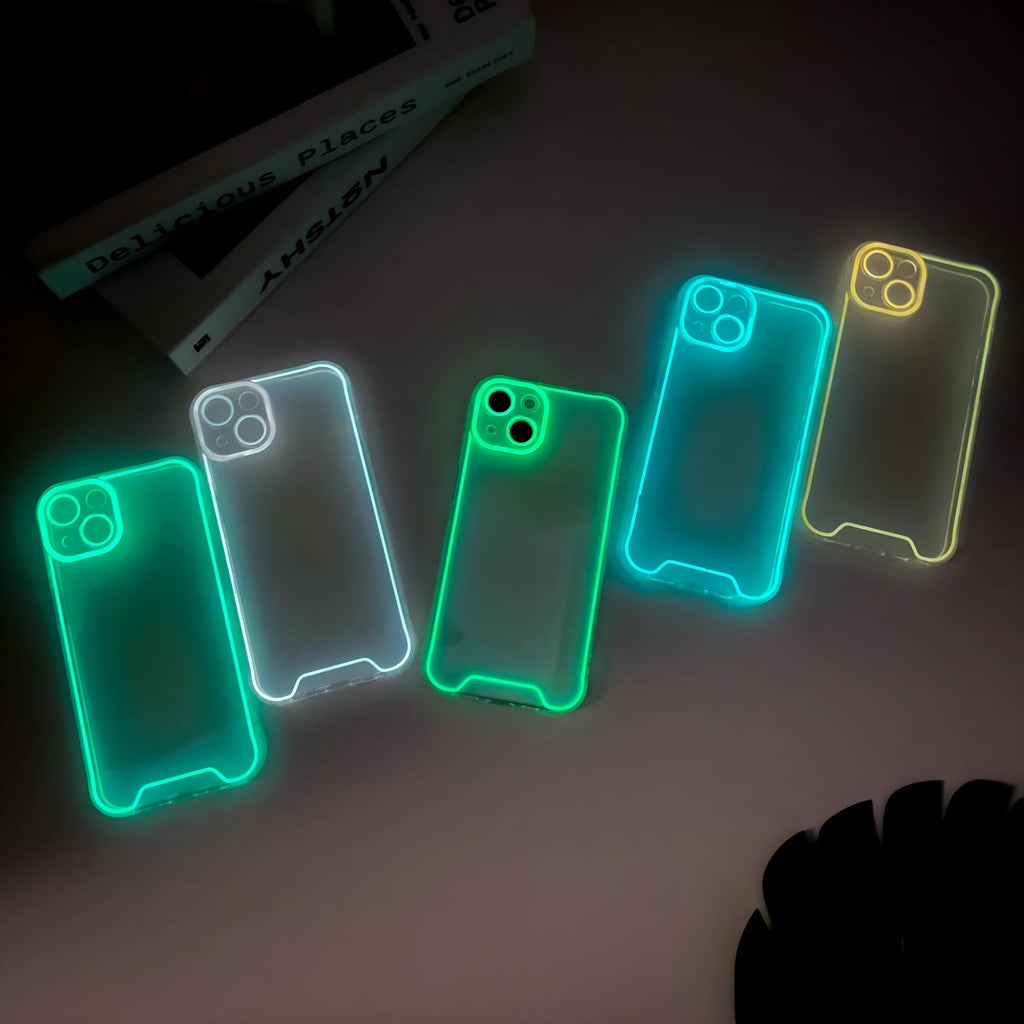 Glow in the dark Christmas phone case for iPhone in blue, green, orange, pink or yellow colours.