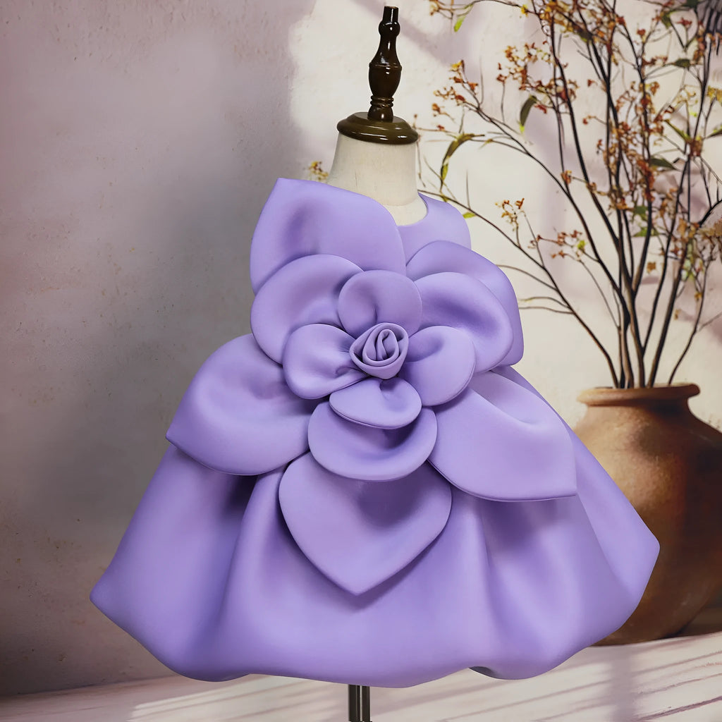 Girls purple floral dress with big flower pattern, acetate fibre, sizes 90cm to 130cm