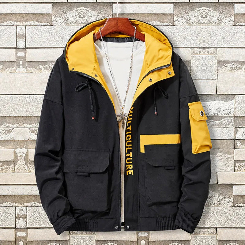 Men's colour block polyester jacket in khaki, with conventional sleeves and full front zip