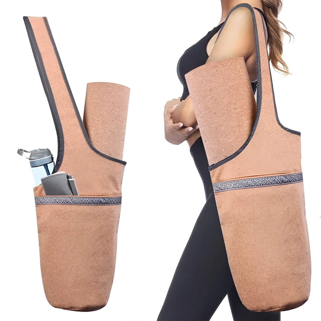 Cork yoga backpack with bohemian style, wide shoulder straps, and multiple pockets for mat, water bottle, and accessories.