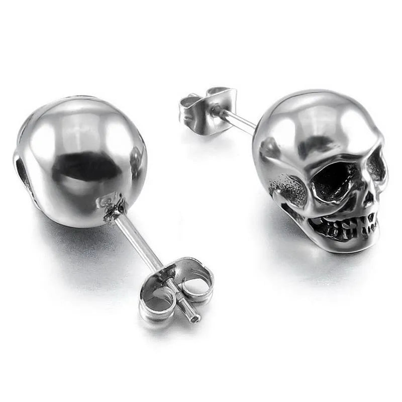 Pair of small punk skull stud earrings in black or silver white copper with push-back fittings