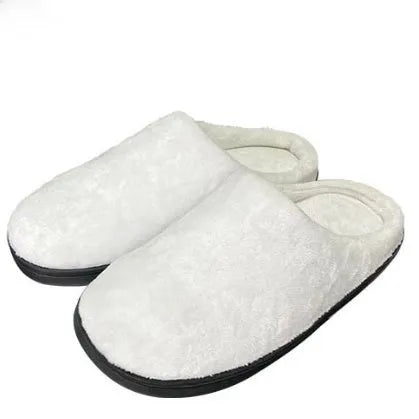 Pattern printed flannel slippers with TPR rubber sole on a white background.