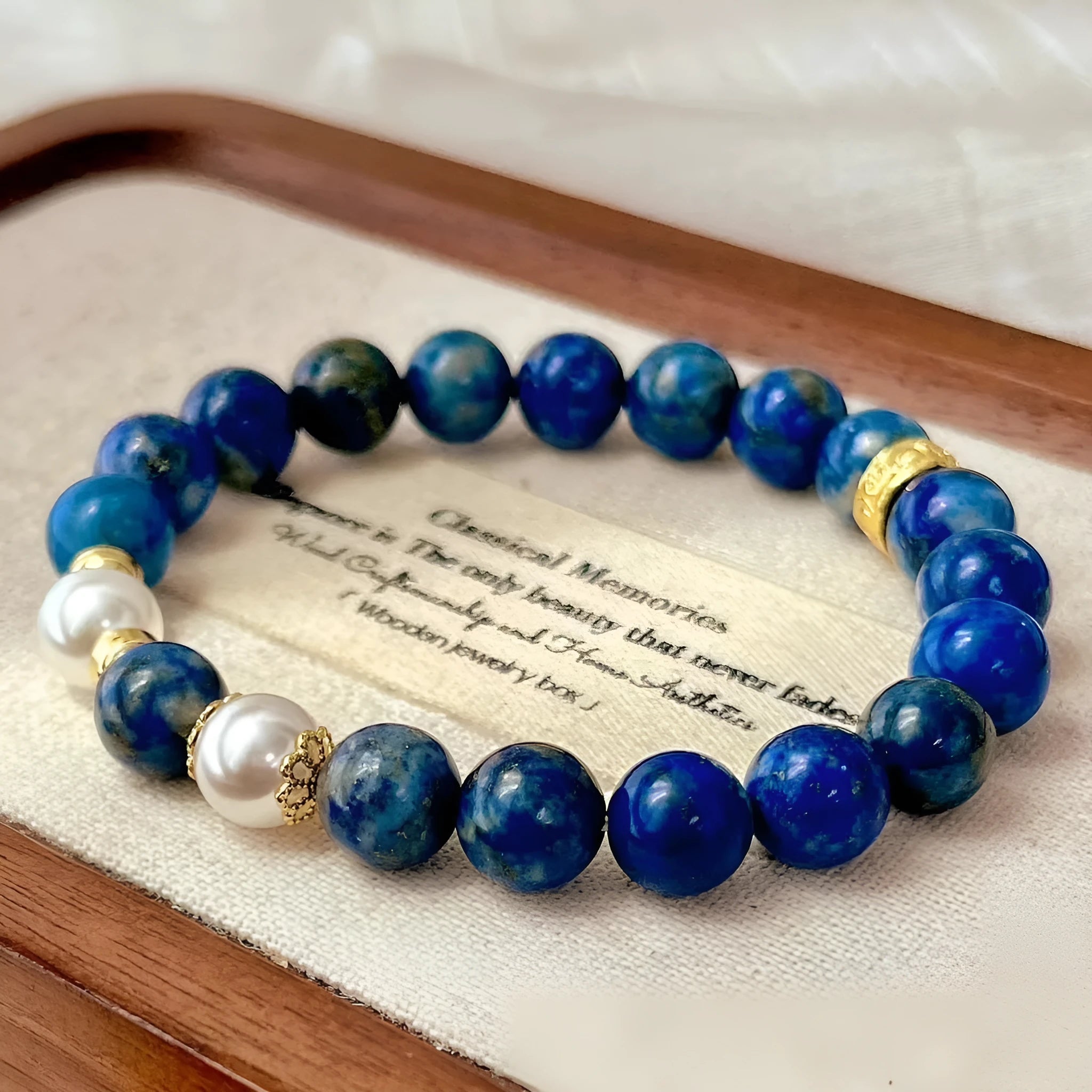 Lapis lazuli bracelet with green gold stone colouration and artistic retro Chinese-inspired design