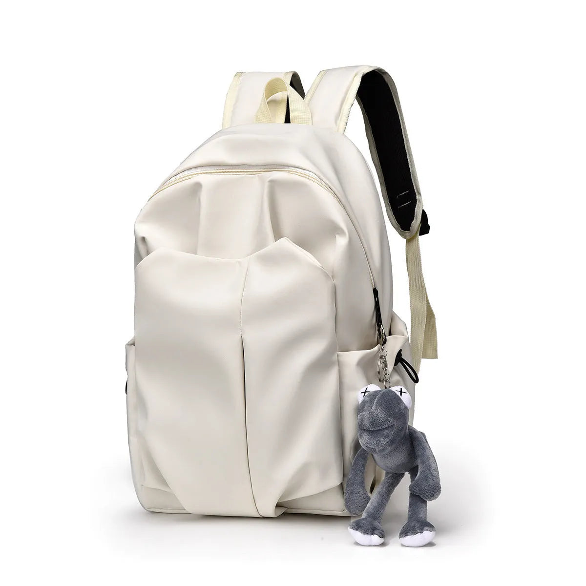 Casual large capacity Oxford cloth backpack in black with curved shoulder straps and sewing line detail