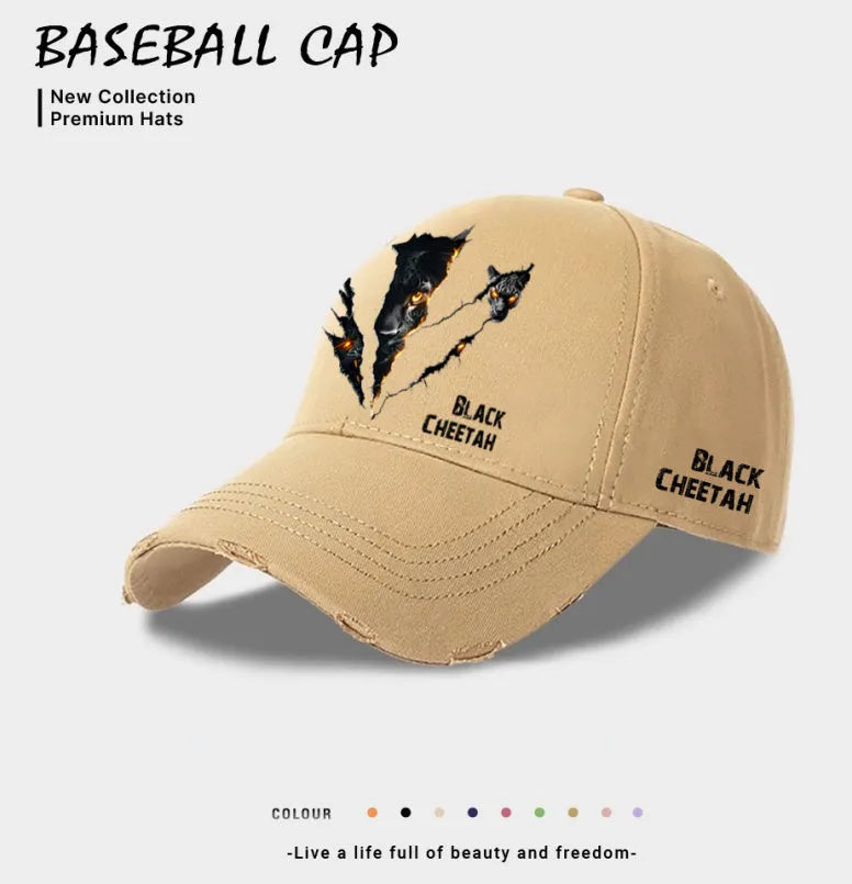 Men's casual baseball cap in polyester showing beige, black, and blue colour options