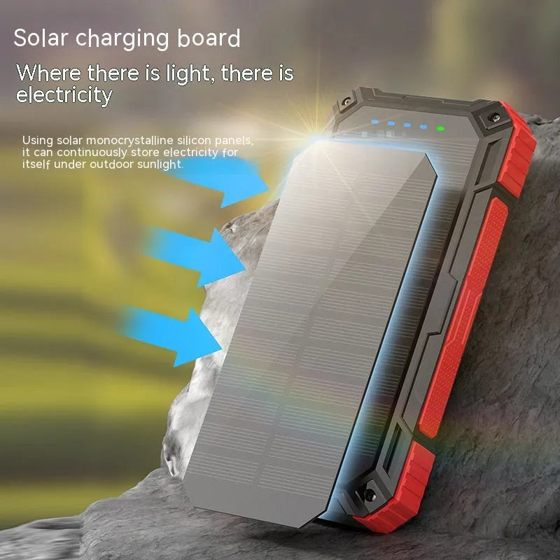 Industrial style 20000mAh power bank with solar charging unit and LED flashlight, black