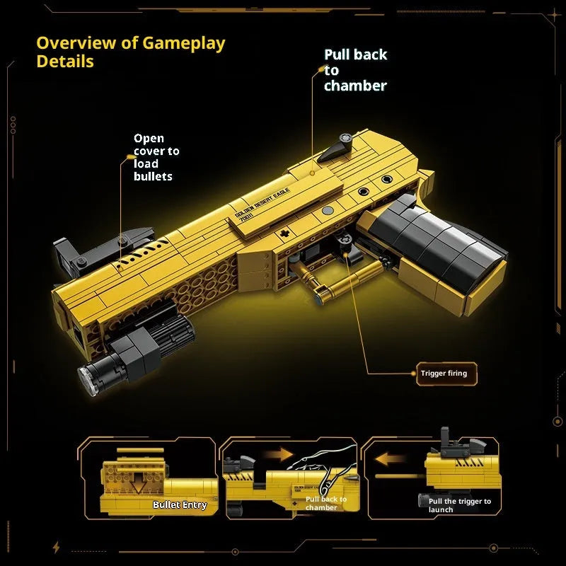Golden Sand Eagle Gun M416 rifle model built from small particle plastic building blocks, colour box packaging