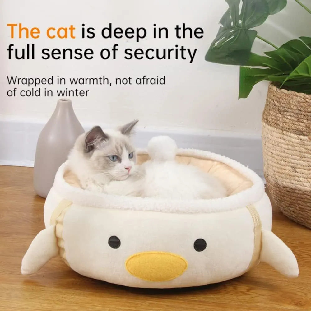 Green chick-shaped cat bed shown both flat as a sofa and hanging as a hammock for a small cat.