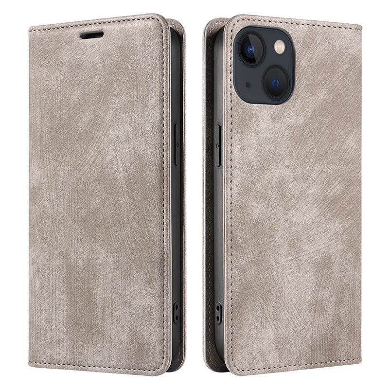 Magnetic flip leather phone case for iPhone in various solid colours, showing front and closed views.