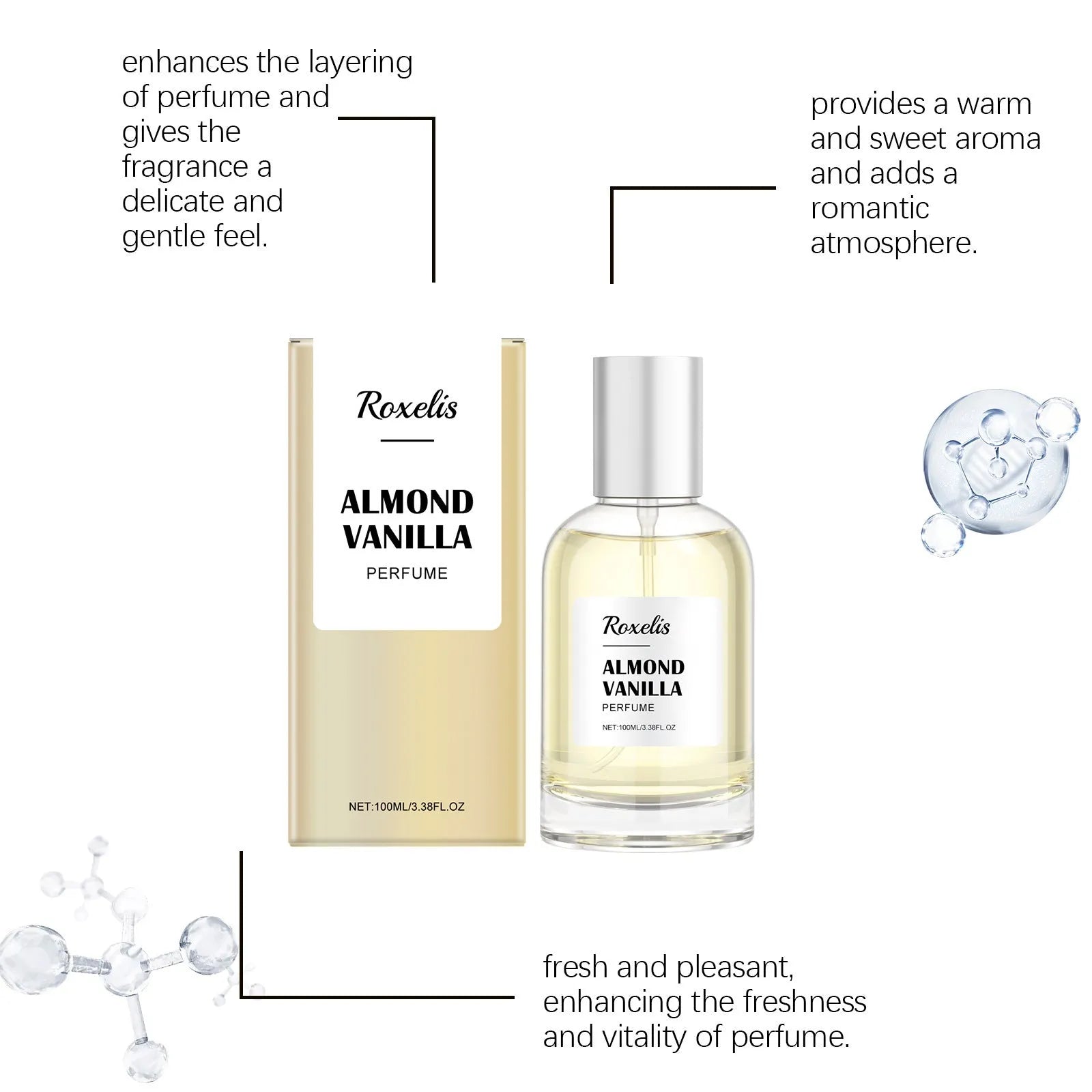 Vanilla Charm Perfume 100ml bottle with almond and citrus extract ingredients