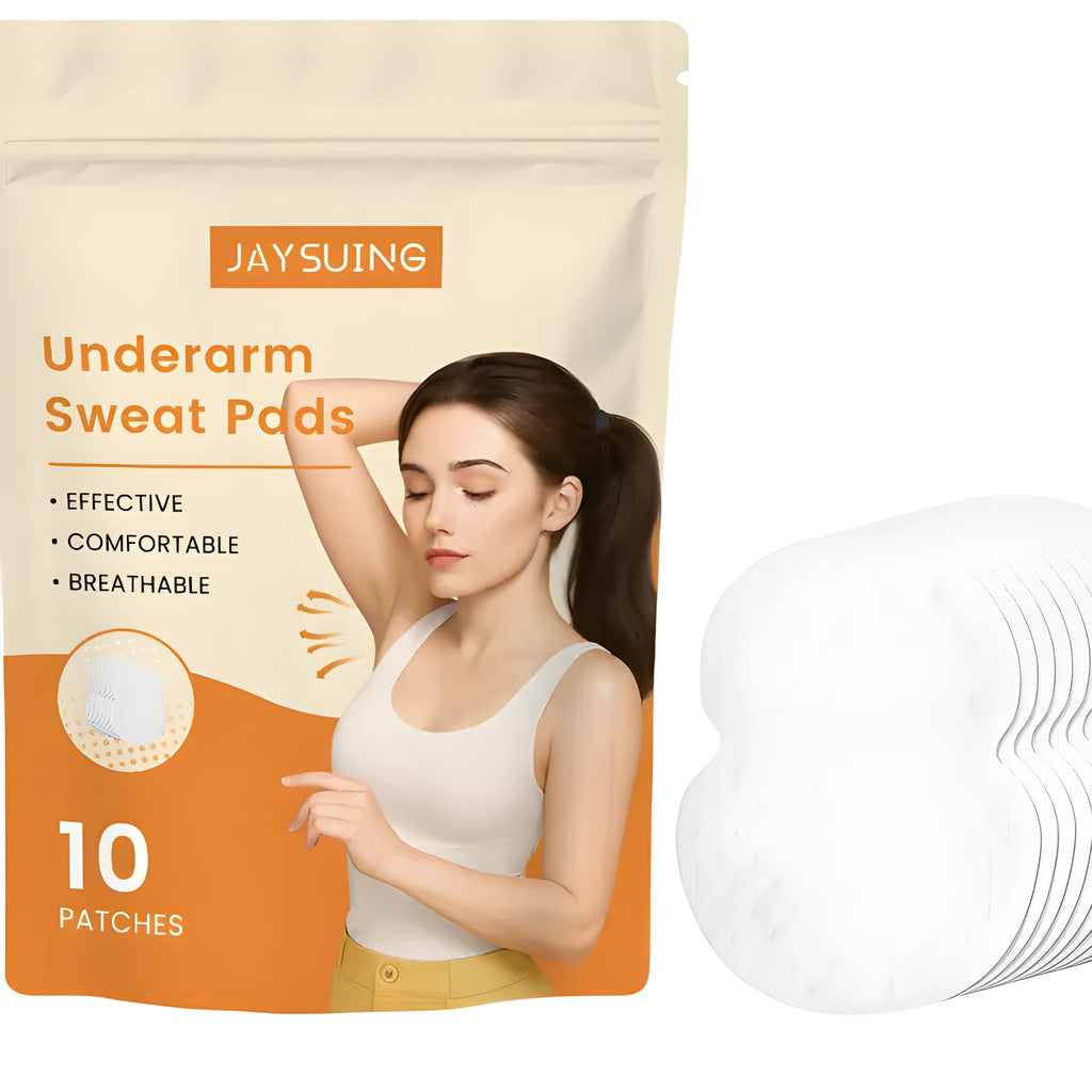 10 reusable white underarm sweat absorbing patches with skin-safe adhesive and vitamin E