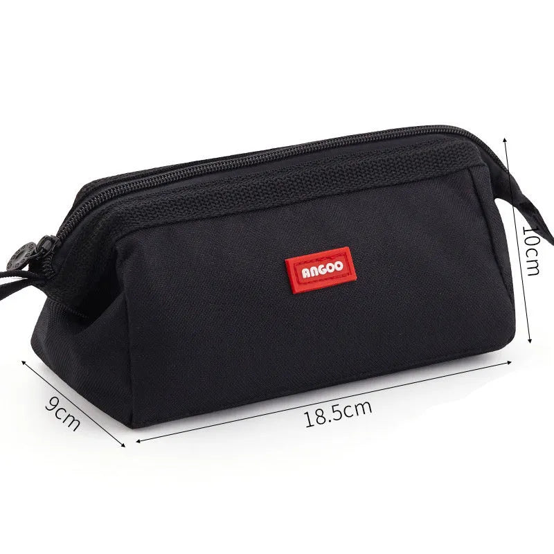 Large Oxford cloth pencil case with double zipper open, showing spacious interior, in yellow colour.