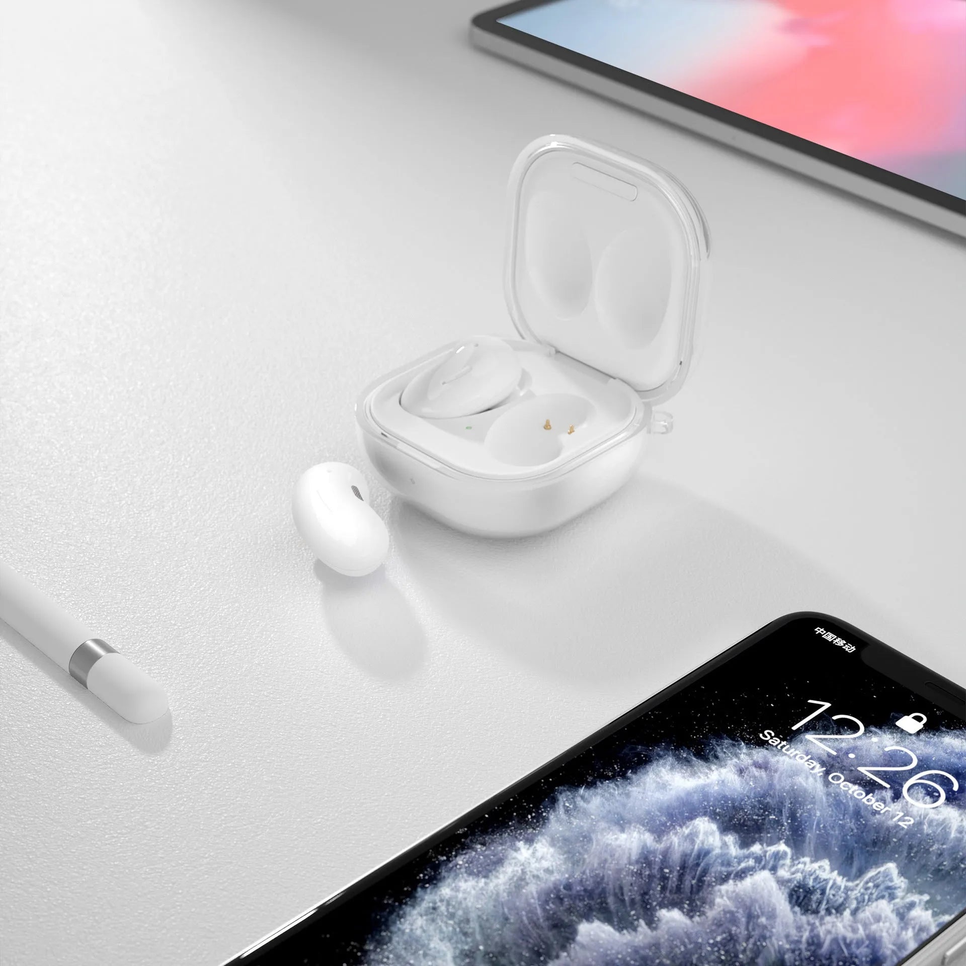Translucent clamshell-style Bluetooth earphone replacement case in clear, gold, black, and purple colours.