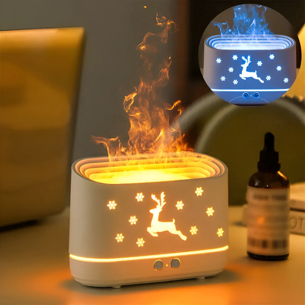 White round Elk flame effect humidifier and essential oil diffuser with USB cable
