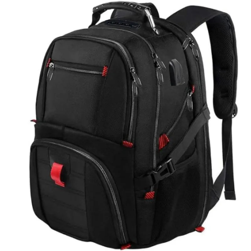 Large black waterproof Oxford cloth USB backpack with curved shoulder straps, shown open.